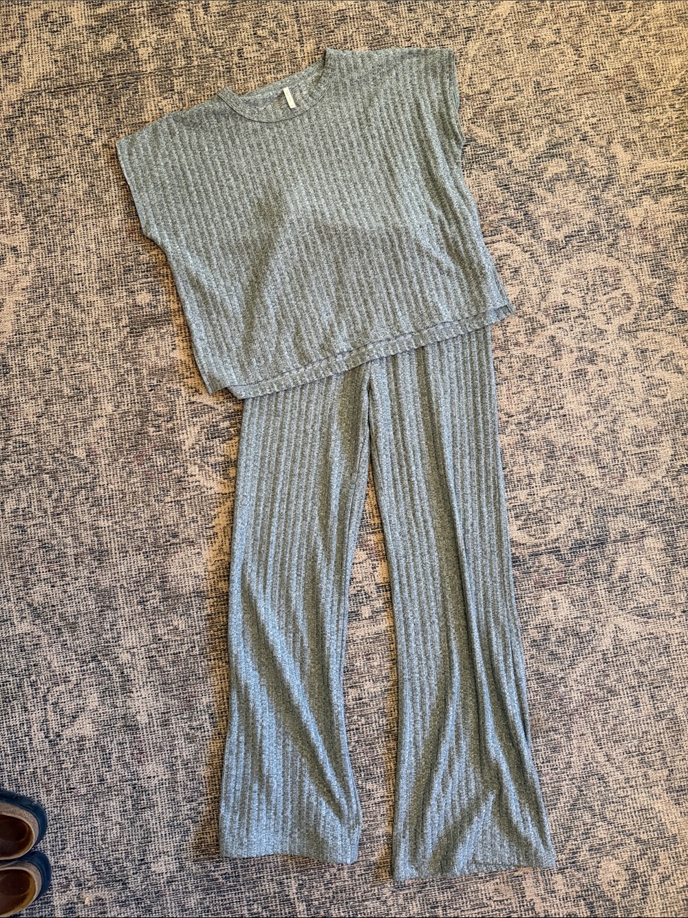 Rylee + Cru Ribbed Wide-Leg Knit Pants and Tee Matching Set in Blue Grey XS